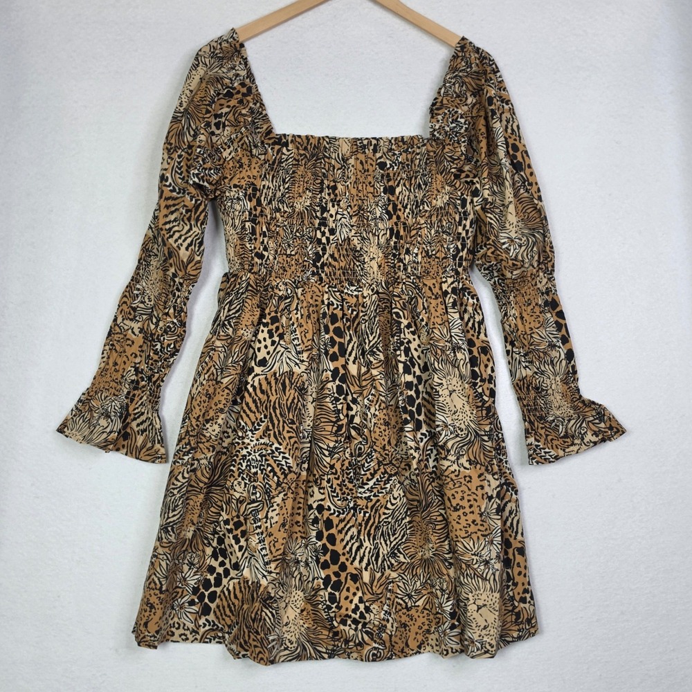 Lilly Pulitzer Womens Beyonca Dress XL Brown Animal Print Smocked Boho Mini